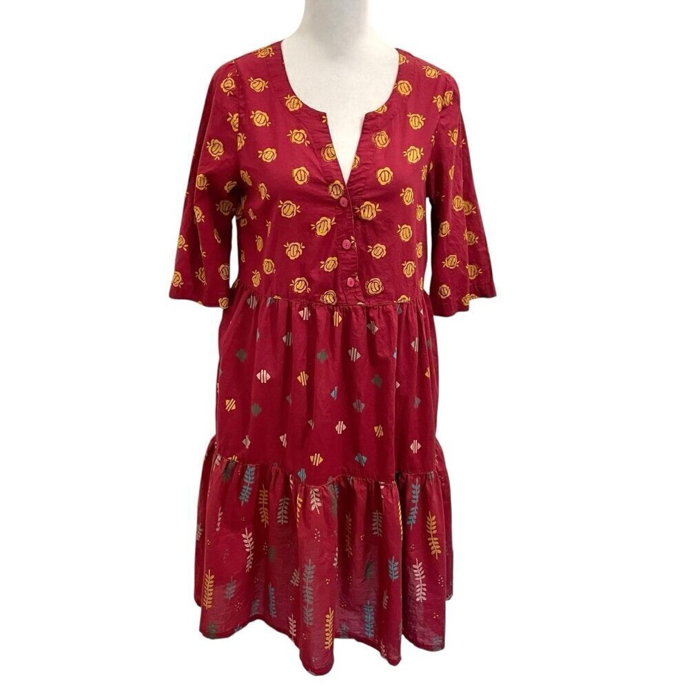 GUDRUN SJODEN Tiered Mixed Print Bohemian Boho Lagenlook Dress Red size XS